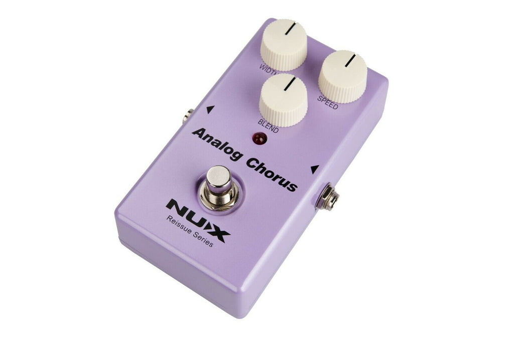 NUX Analog Chorus pedal — side jack view of purple enclosure
