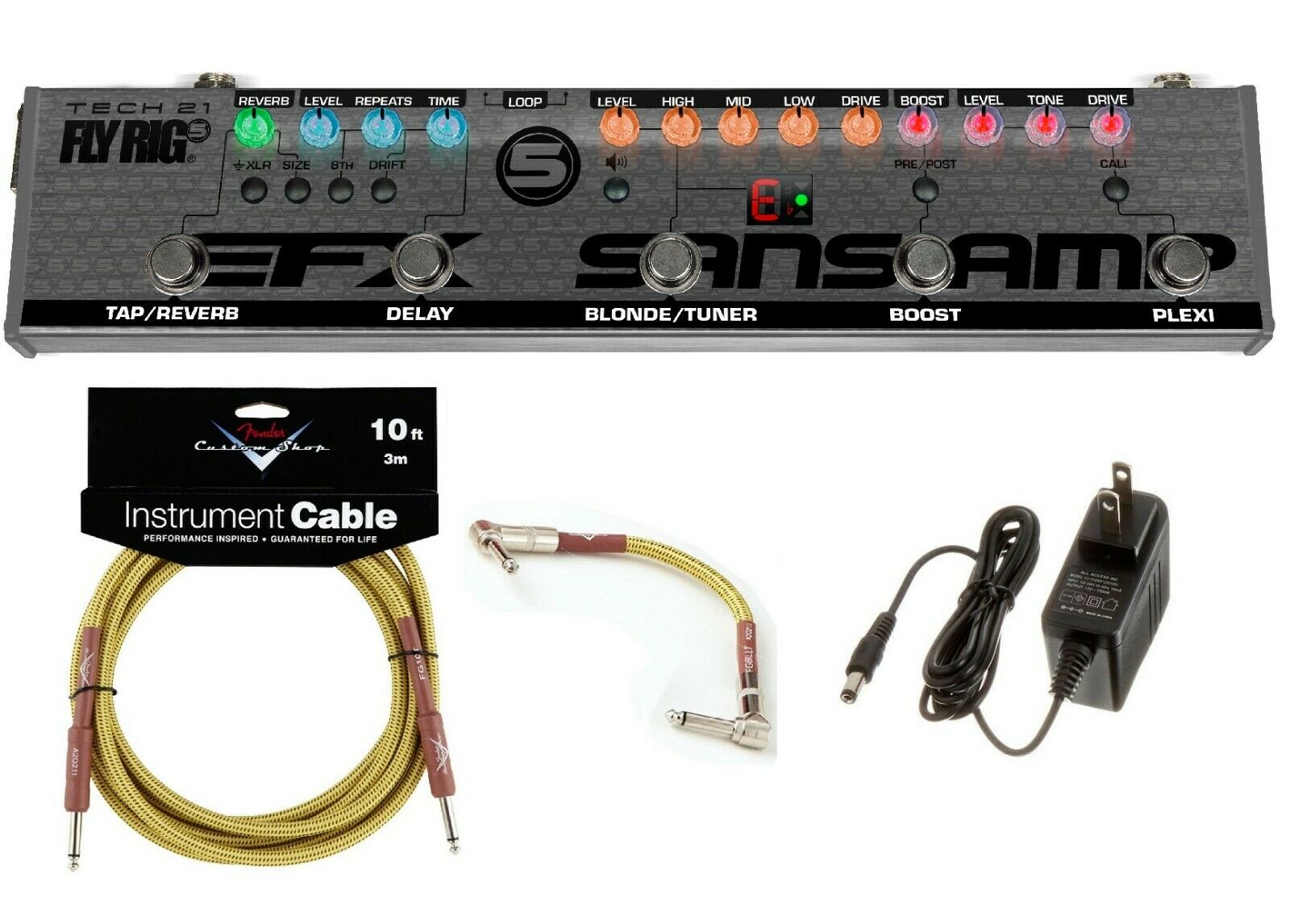 Tech 21 Fly Rig 5 V2 SansAmp multi-effects pedal with Fender cables and power supply bundle
