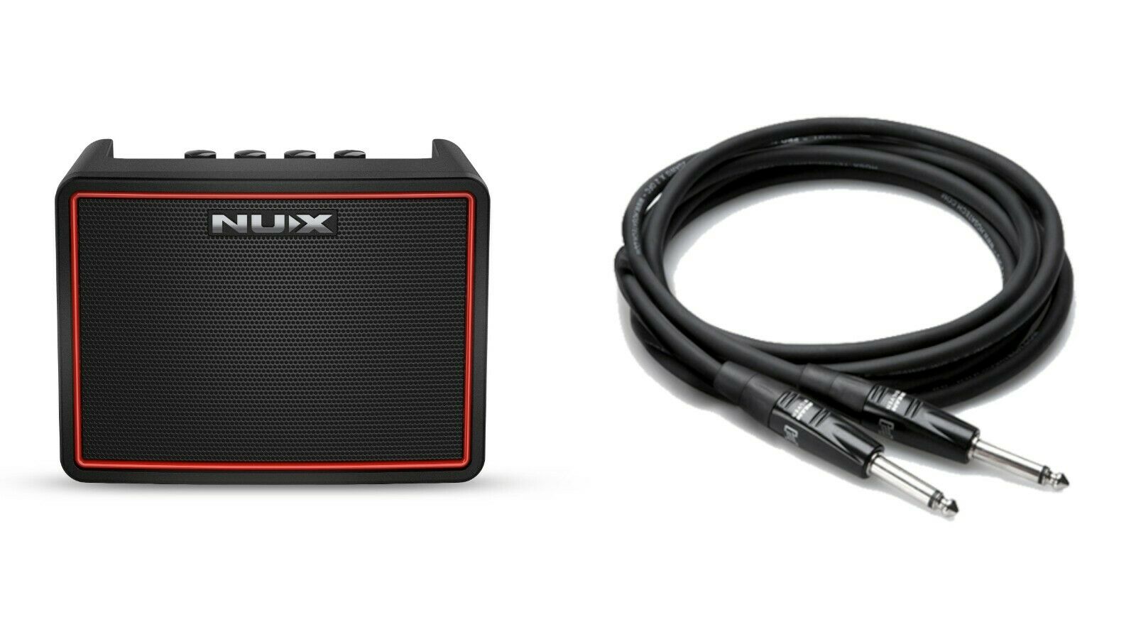 NUX Mighty Lite BT portable 3W Bluetooth guitar amplifier — black with red trim, with Hosa guitar cable