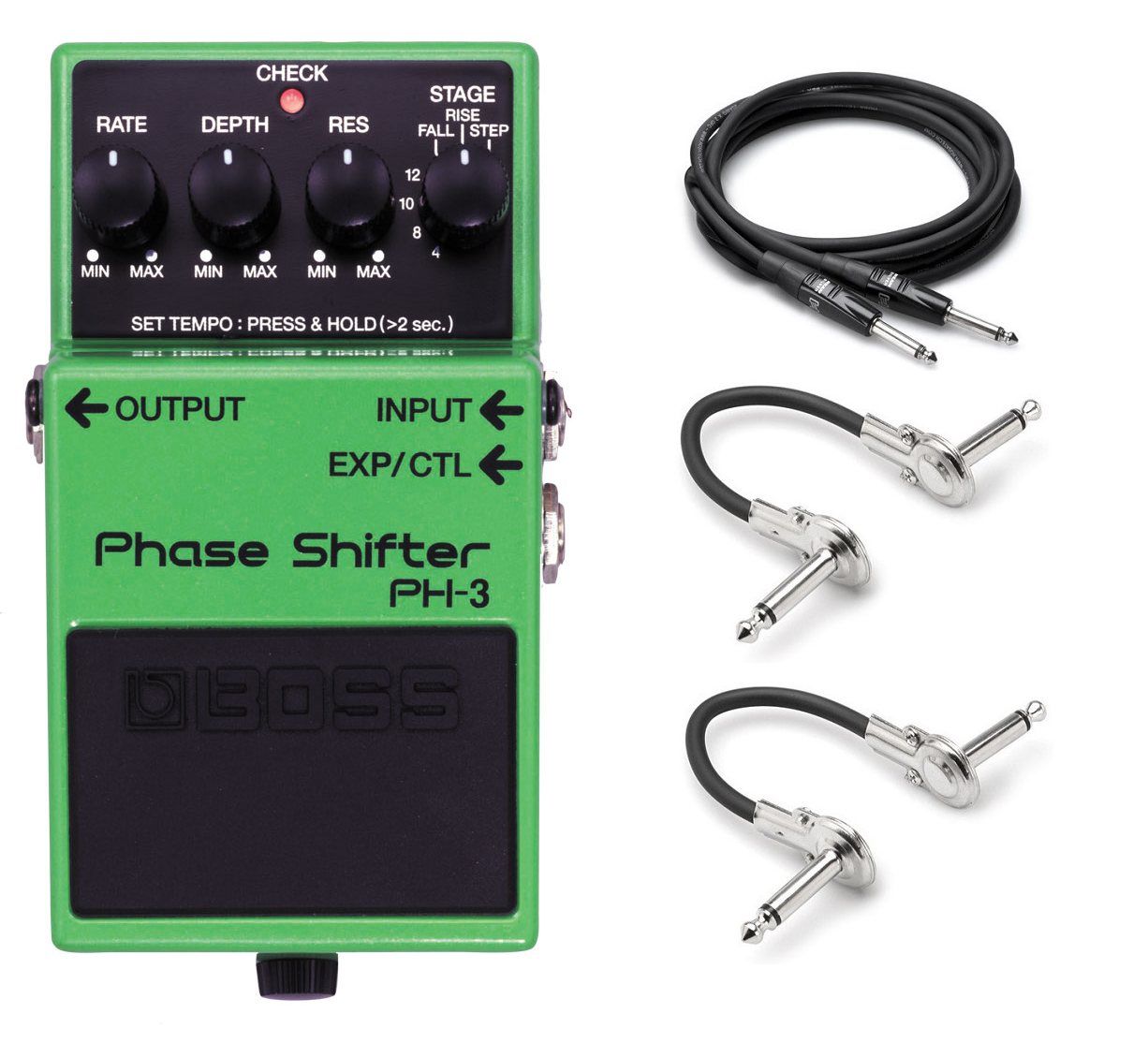 Boss PH-3 Phase Shifter phaser pedal — green, with cables