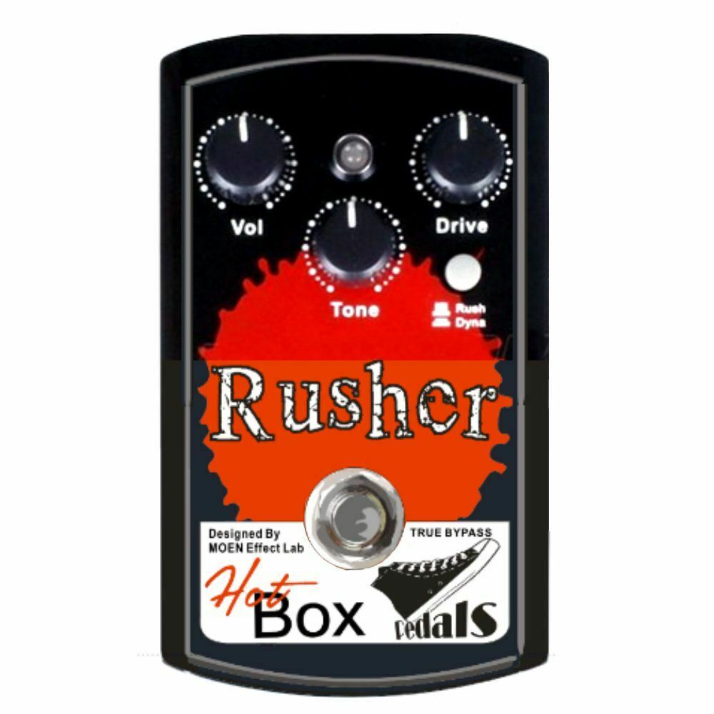 Hot Box HB-RS Rusher distortion pedal — front of black & red enclosure, Vol/Tone/Drive knobs