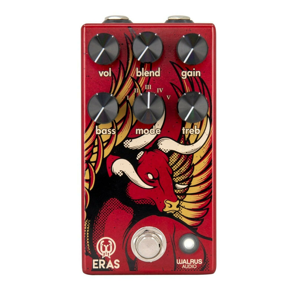 Walrus Audio Eras Five-State Distortion guitar pedal, red enclosure with bull artwork, front view