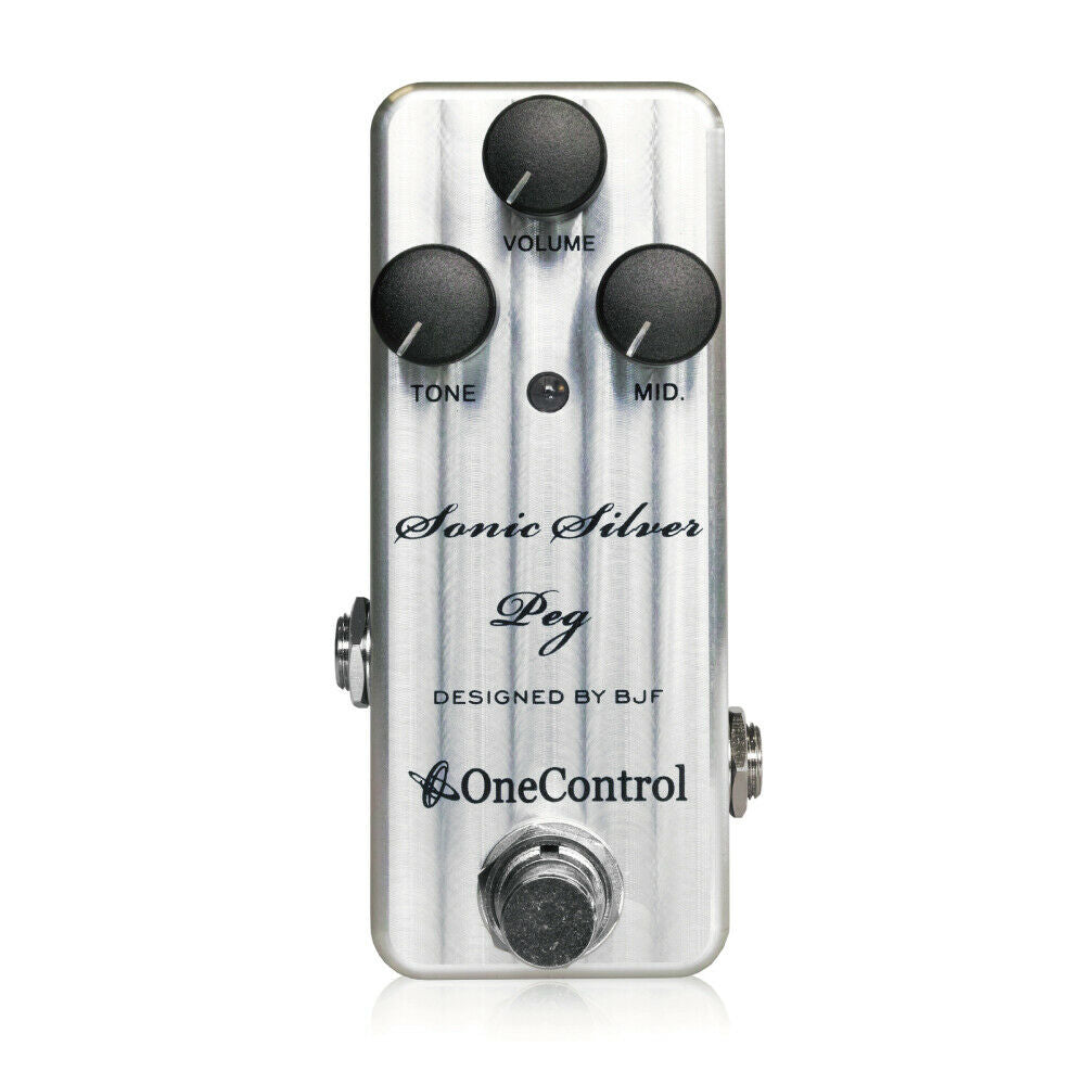 One Control Sonic Silver Peg bass preamp pedal — silver enclosure with Volume, Tone, Mid knobs