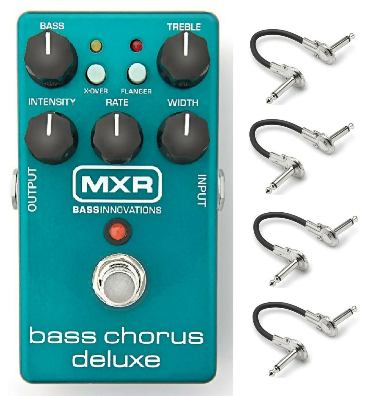 MXR M83 Bass Chorus Deluxe teal bass effects pedal with four patch cables