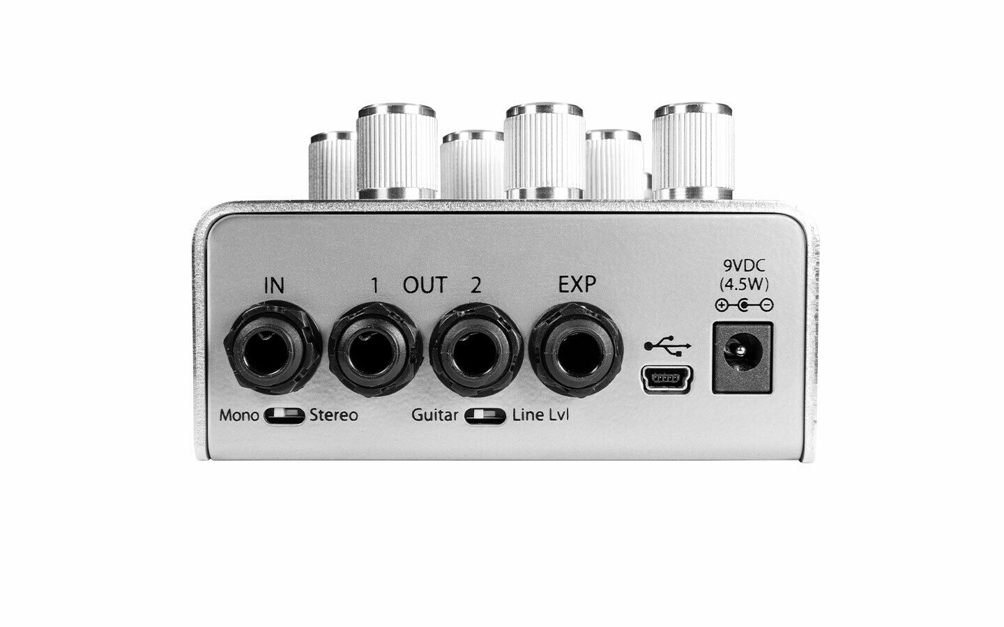 Eventide UltraTap multi-tap delay pedal — rear panel input and output jacks