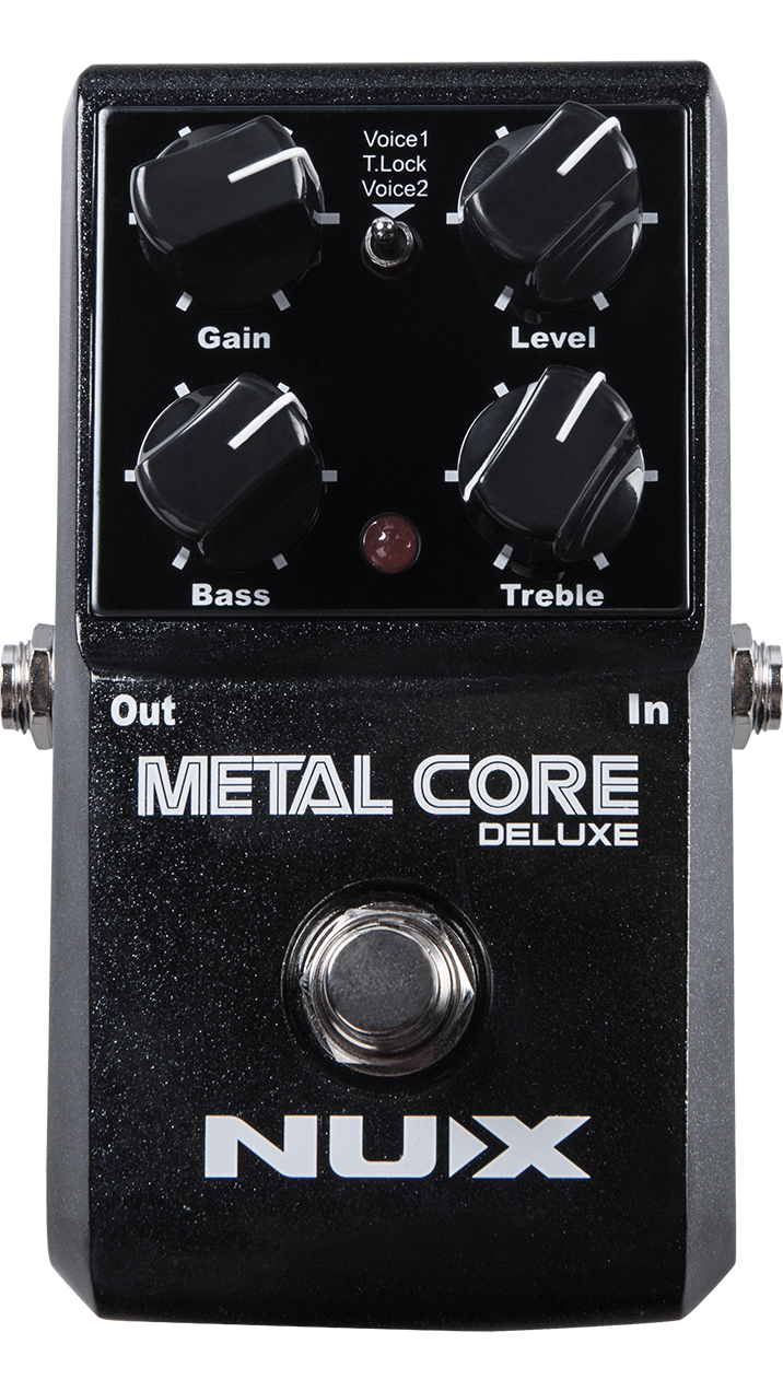 NUX Metal Core Deluxe distortion pedal — black enclosure front with Gain Level knobs