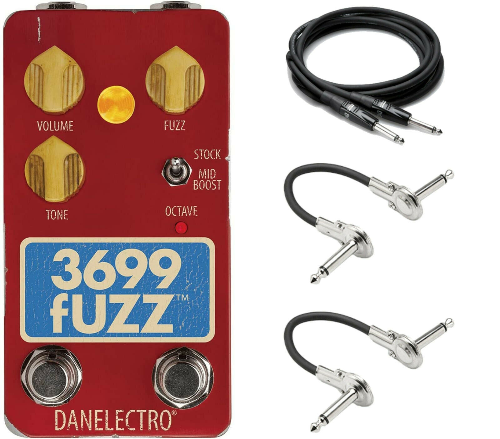 Danelectro 3699 Fuzz pedal — red enclosure with included instrument and patch cables