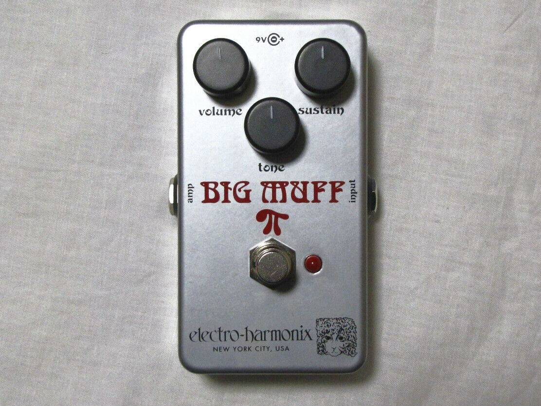 Electro-Harmonix Nano Rams Head Big Muff Pi fuzz pedal — silver enclosure with volume, sustain and tone knobs