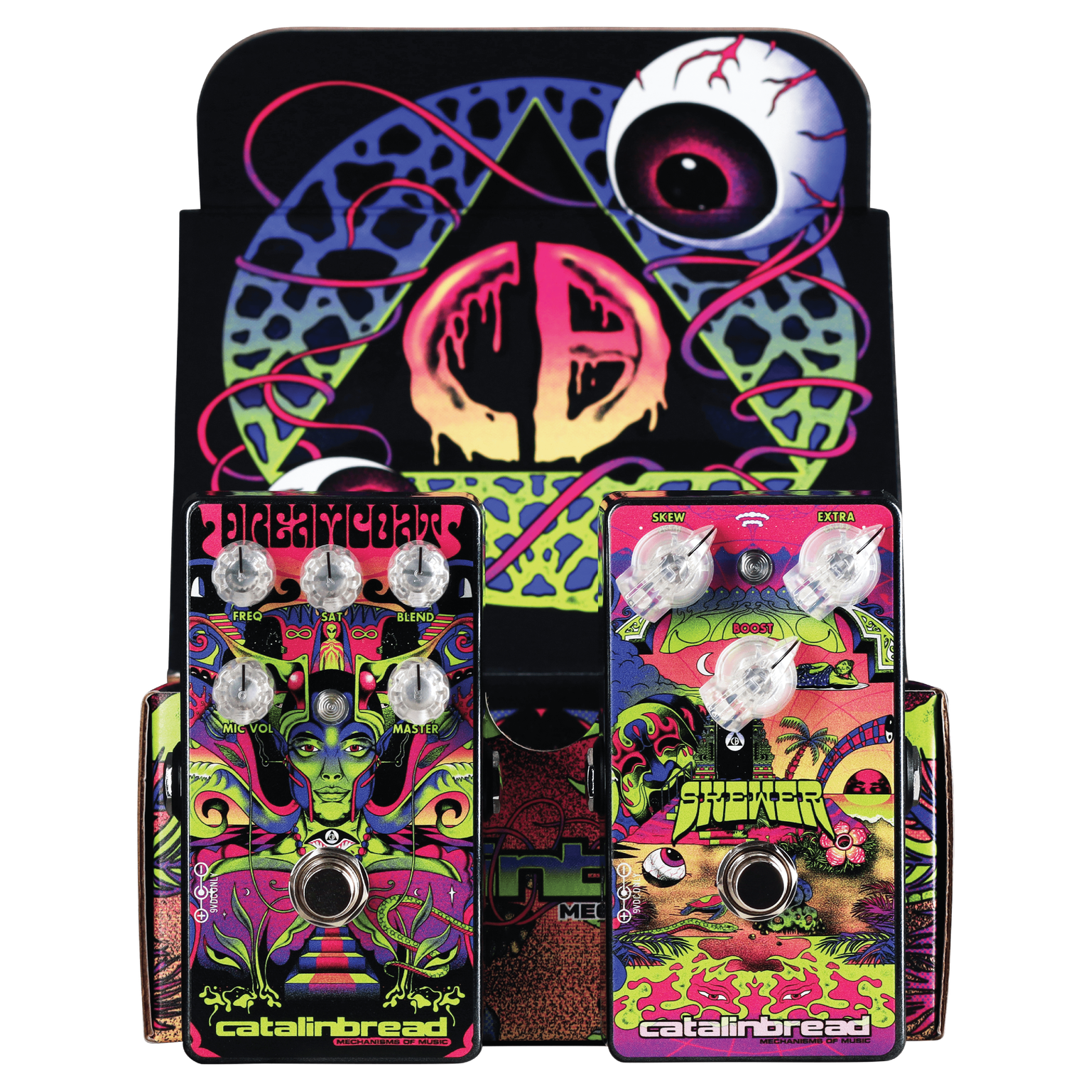 Catalinbread Dreamcoat & Skewer Guitar Effects Pedals Fronts in Opened Box with Front of Box Shown