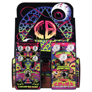 Catalinbread Dreamcoat & Skewer Guitar Effects Pedals Fronts in Opened Box with Front of Box Shown