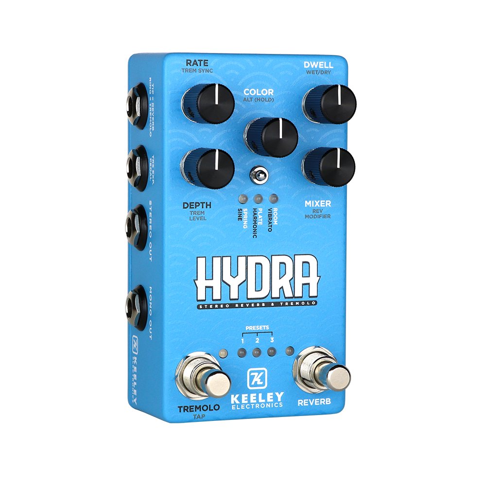 Keeley Hydra stereo reverb and tremolo guitar pedal — front view, blue enclosure