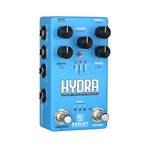 Keeley Hydra stereo reverb and tremolo guitar pedal — front view, blue enclosure
