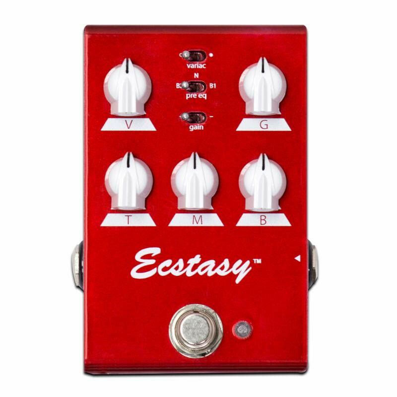 Bogner Ecstasy Red Mini overdrive pedal in red, top control panel
