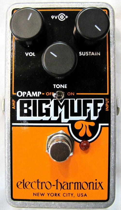 Used Electro-Harmonix Op-Amp Big Muff Pi fuzz pedal, black and orange, top view
