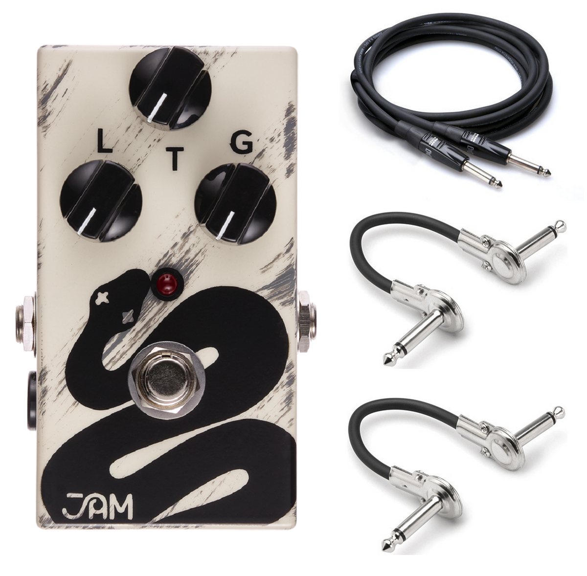 JAM Pedals Rattler distortion pedal — cream enclosure with black snake art, patch and guitar cables