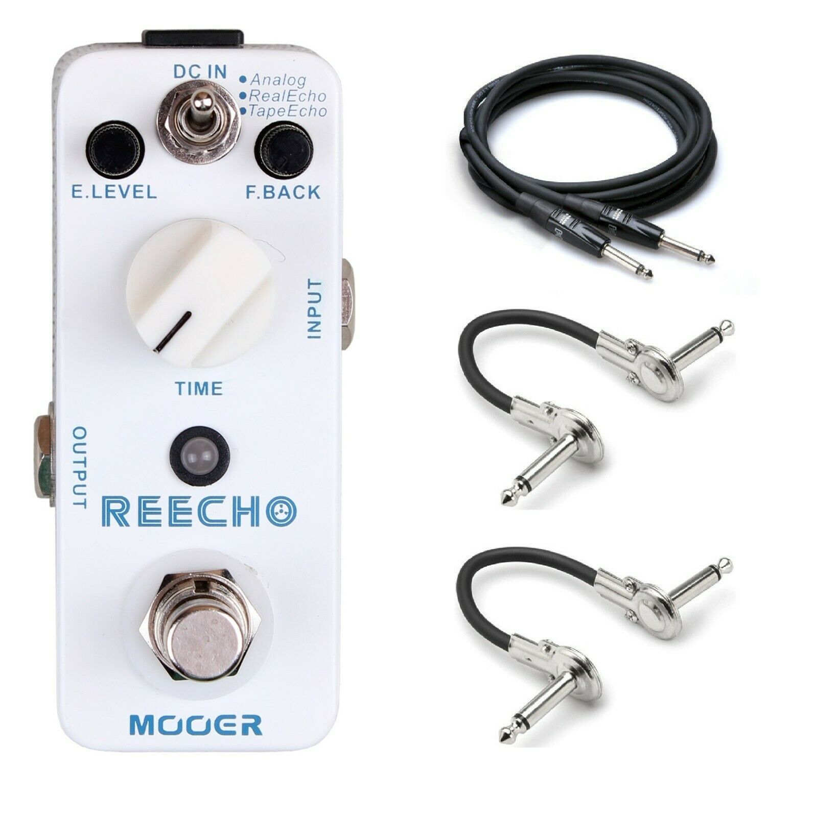 Mooer Reecho delay pedal — white enclosure with included cables