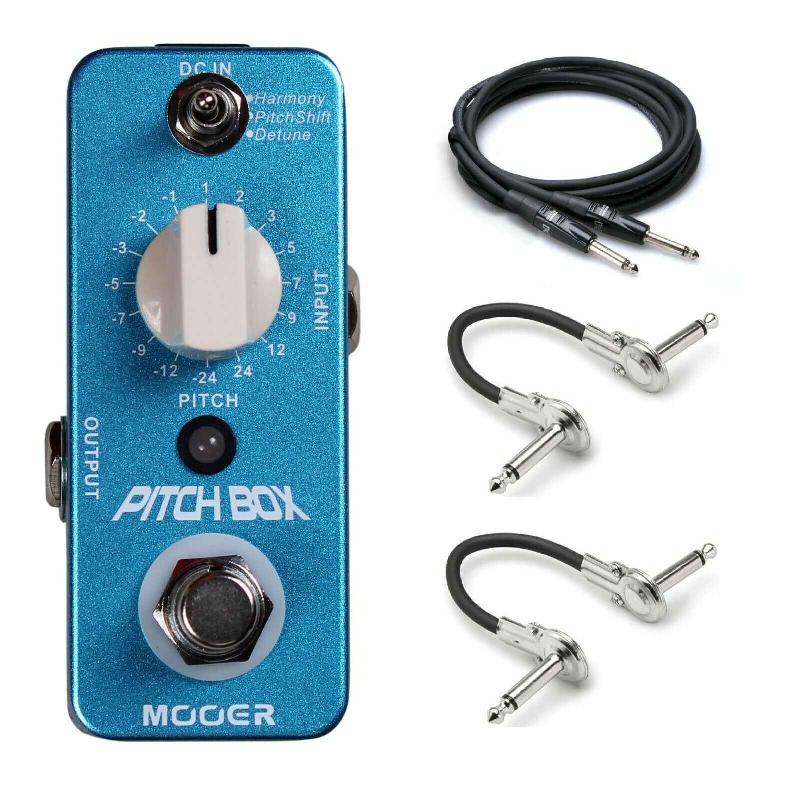 Mooer Pitch Box MPS1 pitch shifter pedal — blue enclosure with included cables