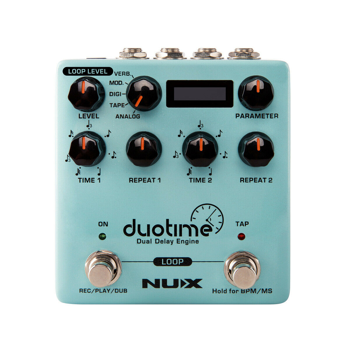 NUX Duotime NDD-6 stereo delay guitar effects pedal — light blue enclosure