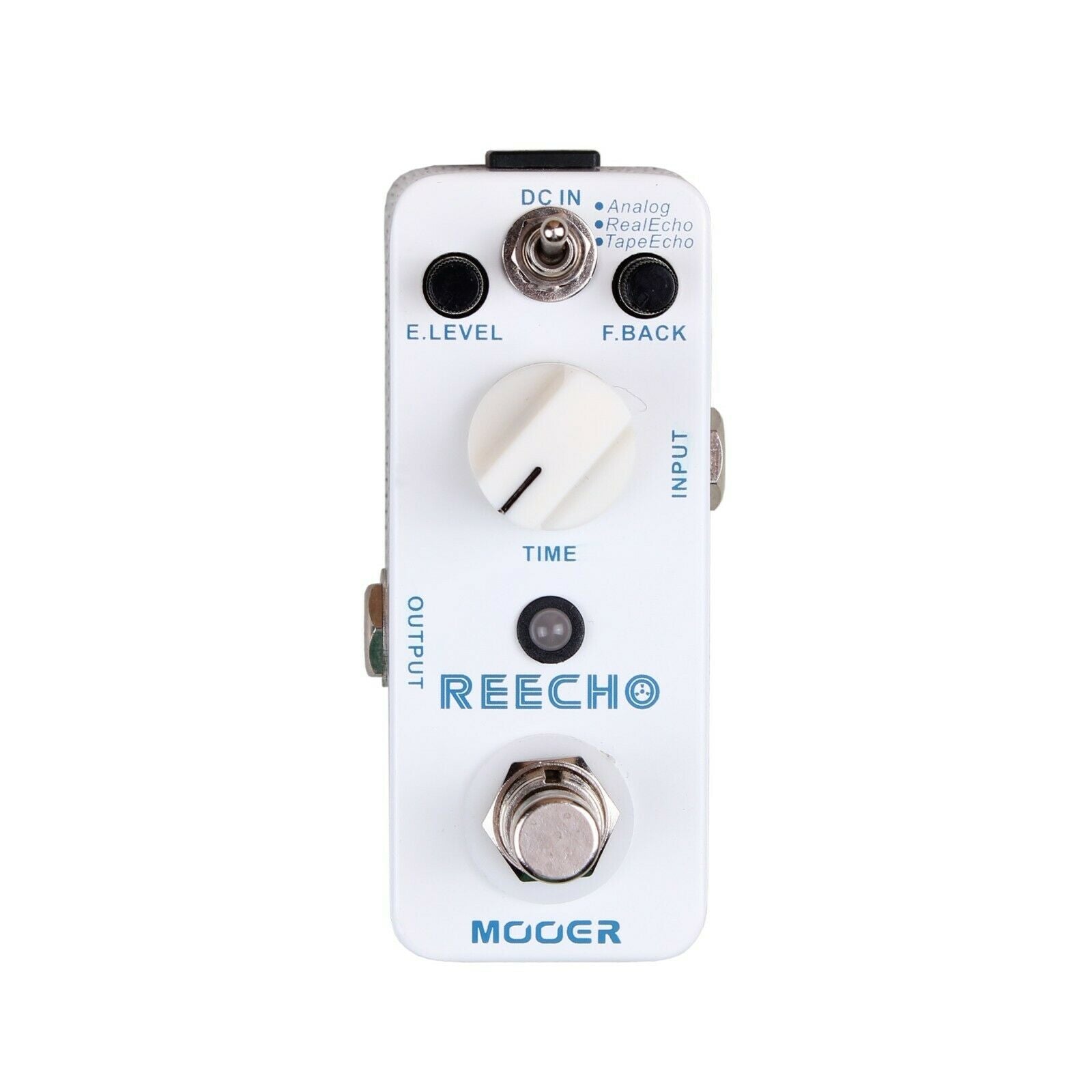 Mooer Reecho delay pedal — white enclosure, front view with Time knob and Analog/Real/Tape mode switch
