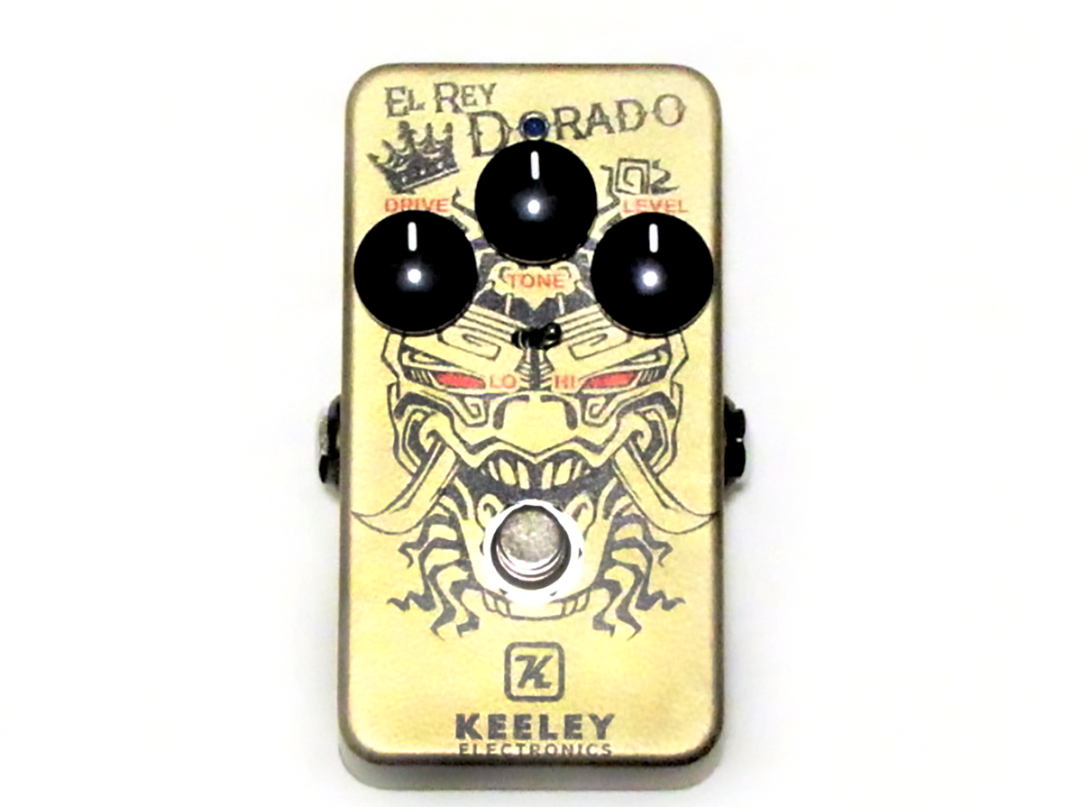 Keeley El Rey Dorado Distortion Overdrive pedal - gold enclosure with engraved graphic