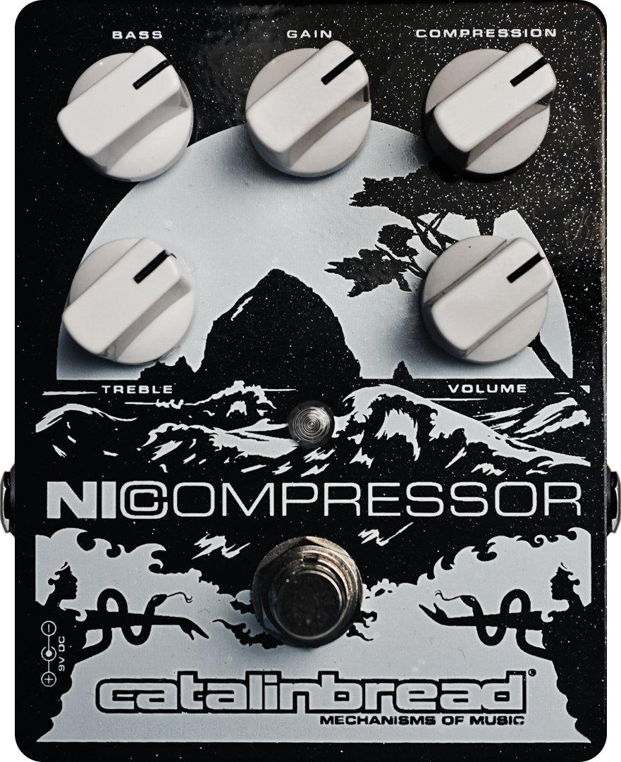 Catalinbread Nicompressor compressor pedal — black enclosure with mountain artwork, top view