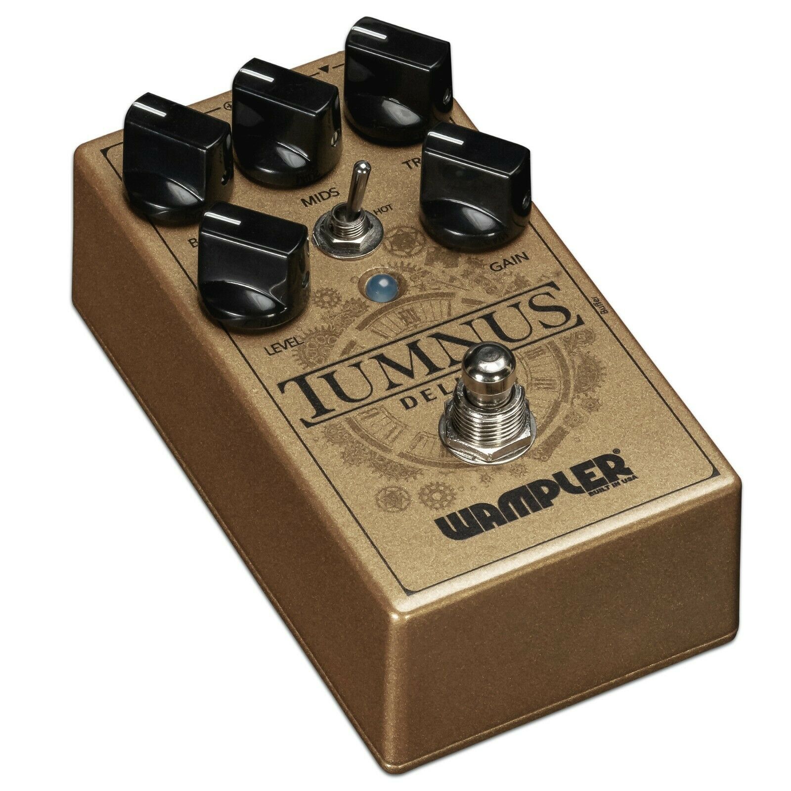 Wampler Tumnus Deluxe gold overdrive pedal angled product shot