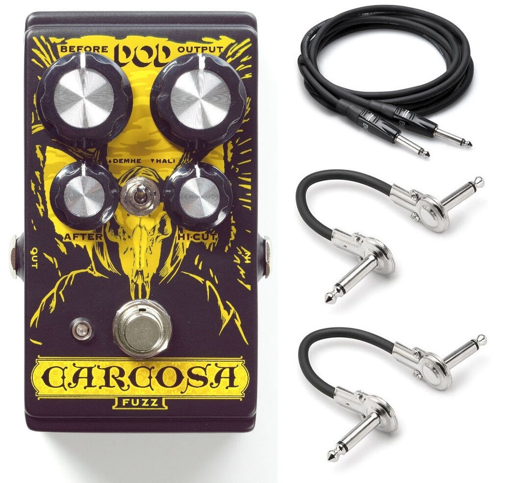 DigiTech DOD Carcosa fuzz pedal — top view with included cables