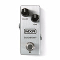 MXR M293 Booster Mini guitar pedal — front view, brushed silver aluminum mini enclosure