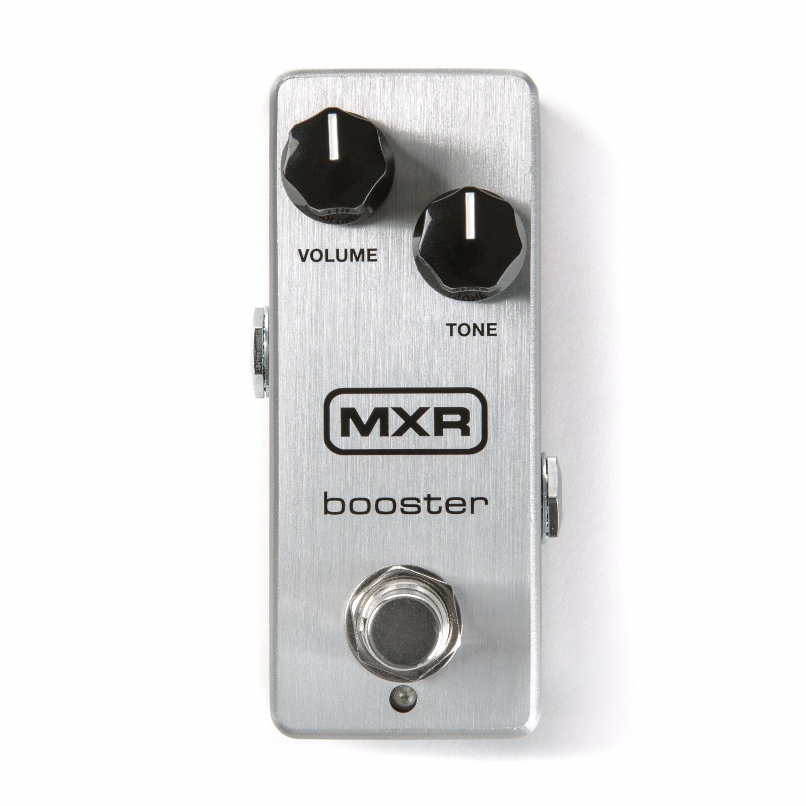 MXR M293 Booster Mini guitar pedal — front view, brushed silver aluminum mini enclosure