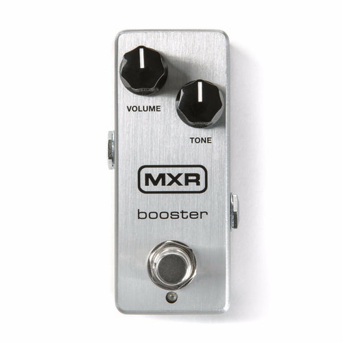 MXR M293 Booster Mini guitar pedal — front view, brushed silver aluminum mini enclosure