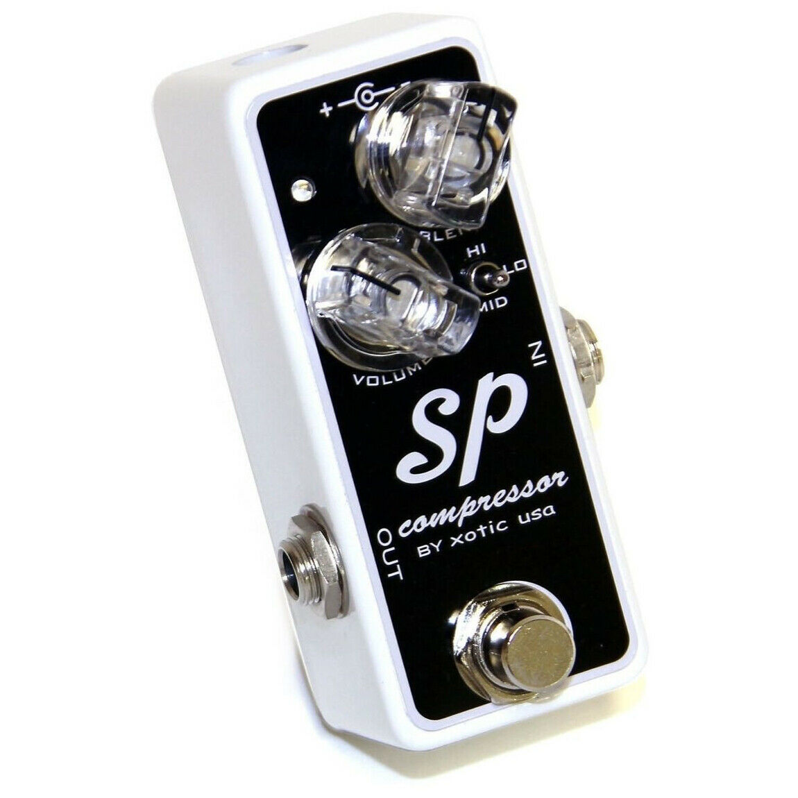 Xotic SP Compressor pedal — side profile with input and output jacks