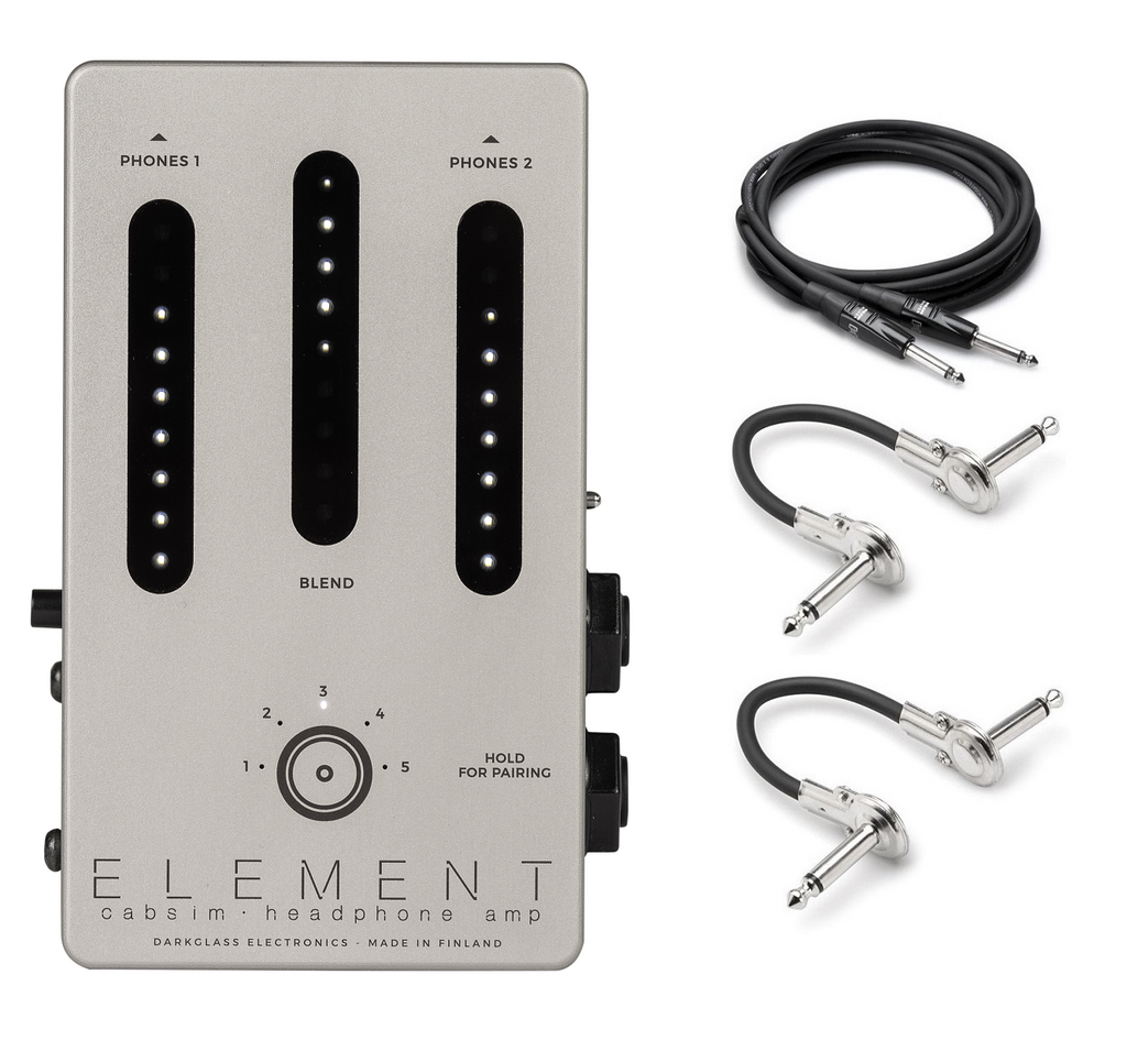 Darkglass Element headphone amp cab simulator - silver enclosure with bundled Hosa guitar and patch cables