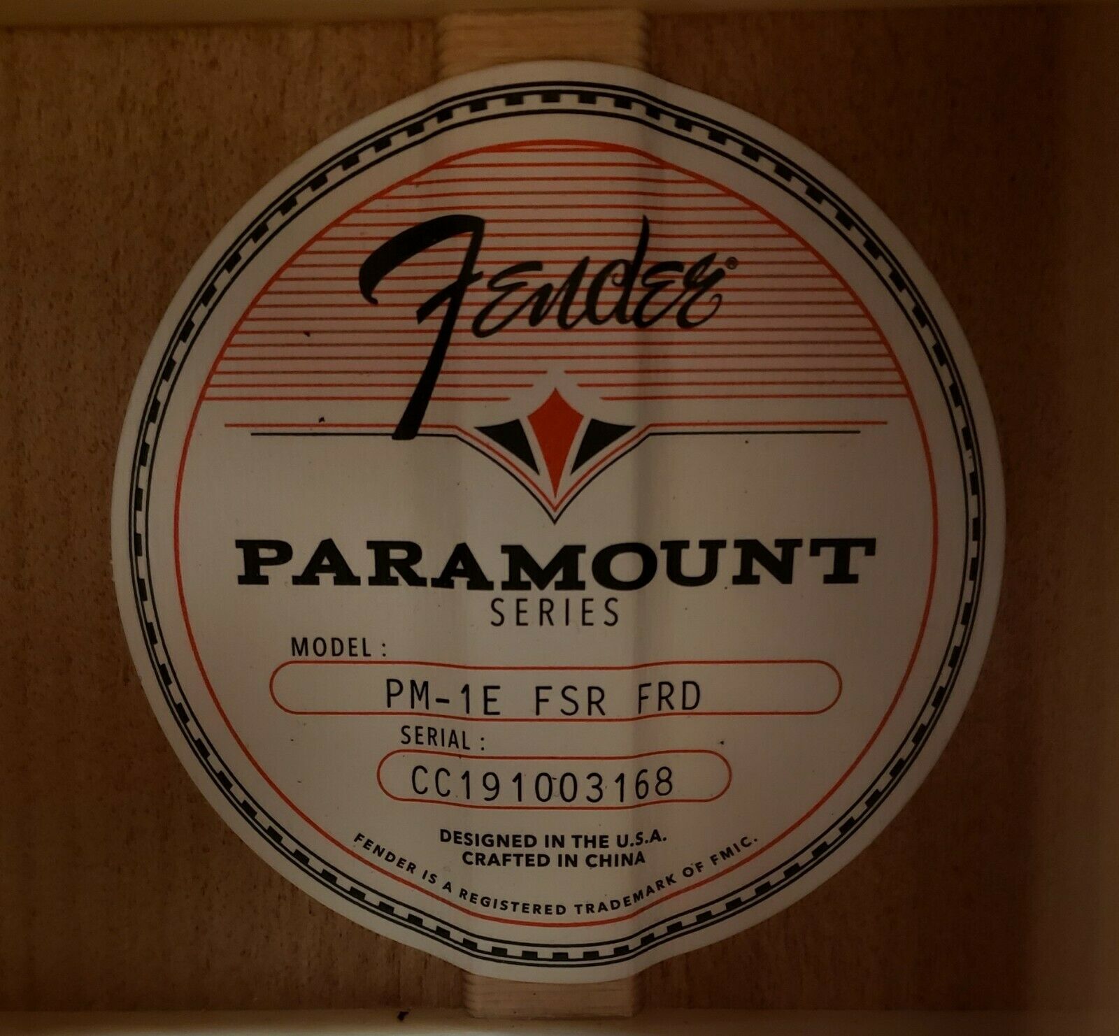 Fender Paramount PM-1E FSR acoustic-electric guitar — soundhole and rosette detail
