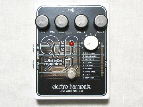 Electro-Harmonix Bass9 Bass Machine pedal — top view, white and black