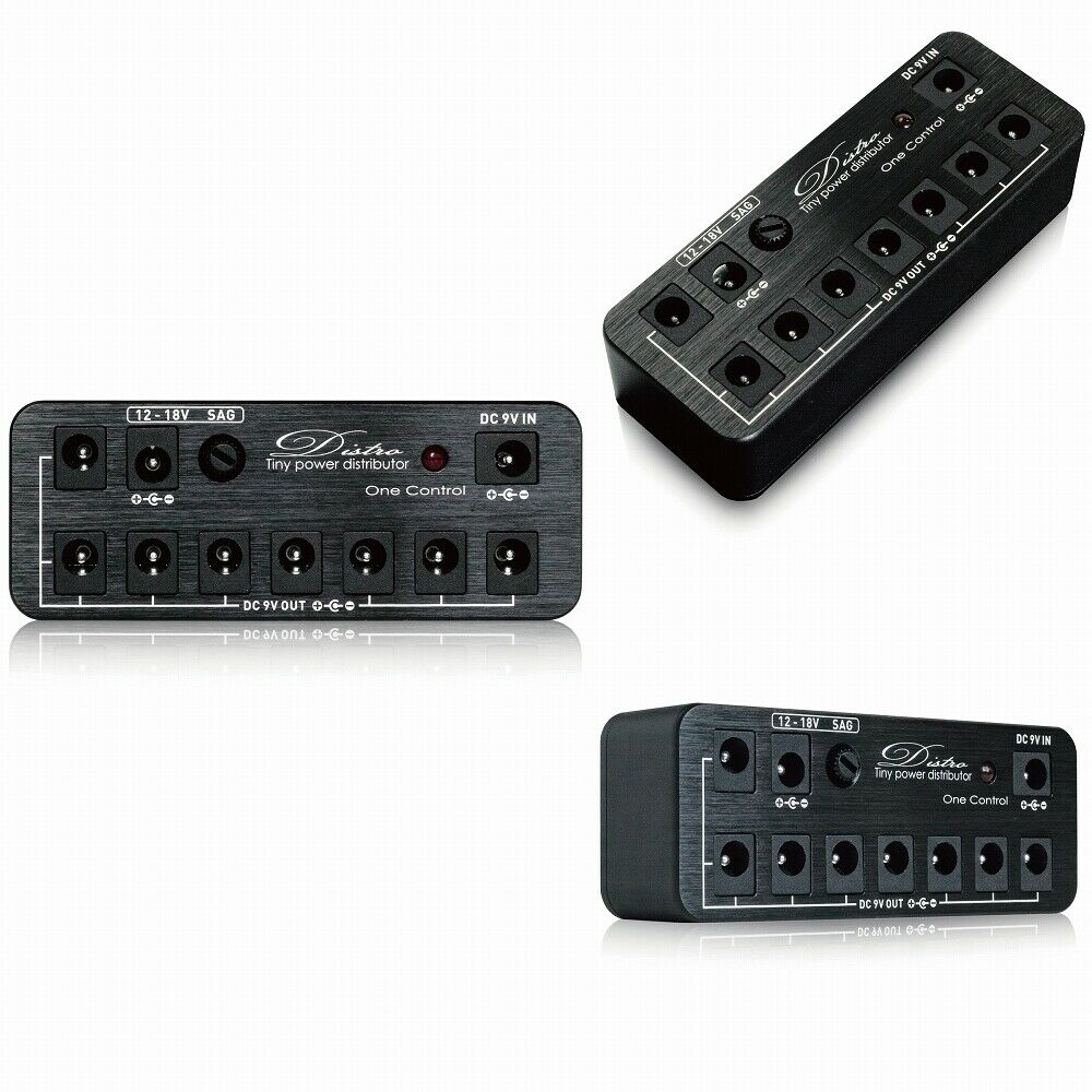 One Control Distro pedal power distributor — black enclosure, multiple views