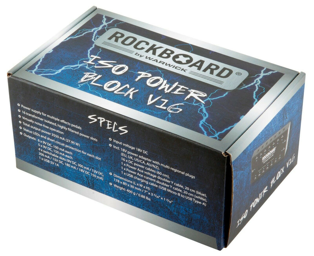 RockBoard ISO Power Block V16 power supply — full kit contents laid out