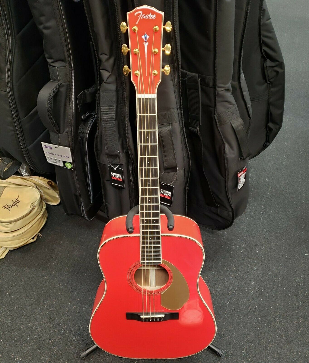 Fender Paramount PM-1E FSR acoustic-electric guitar — red body angled view