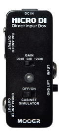 Mooer Micro DI box pedal — black enclosure with gain switch and cabinet simulator