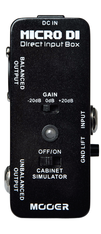 Mooer Micro DI box pedal — black enclosure with gain switch and cabinet simulator