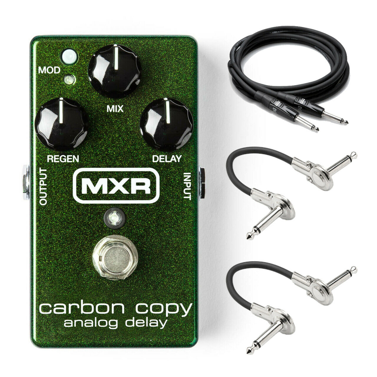 MXR M169 Carbon Copy analog delay pedal — green enclosure with included instrument and patch cables