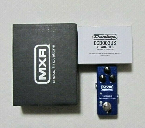MXR M280 Vintage Bass Octave mini pedal — blue enclosure with original box and adapter
