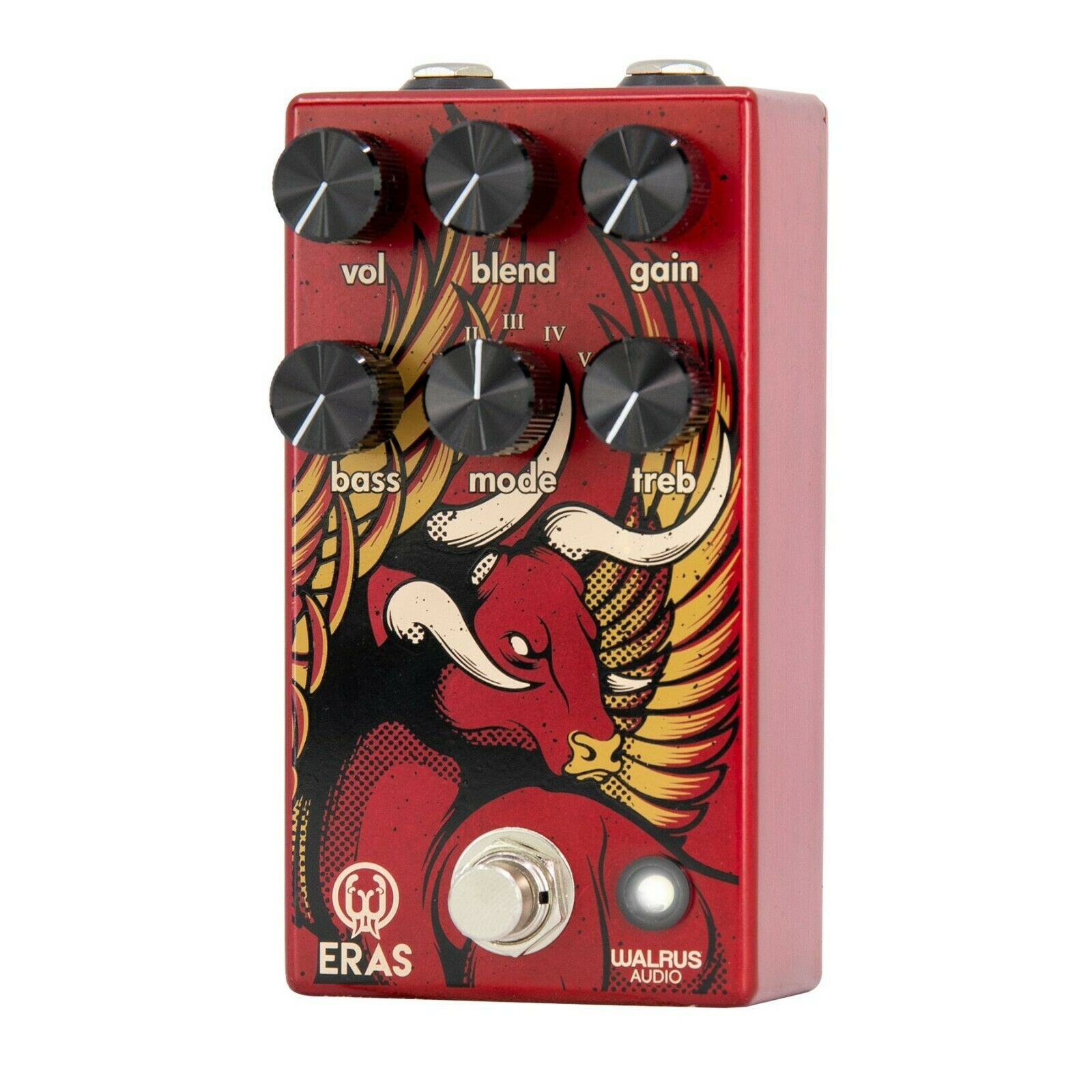 Walrus Audio Eras Five-State Distortion pedal showing vol, blend, gain, bass, mode and treble knobs