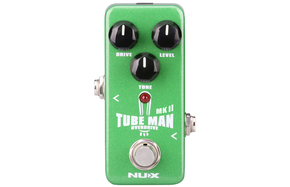 Open box NUX Tube Man Mk.II NOD-2 overdrive pedal — green mini enclosure with Drive, Level, Tone knobs