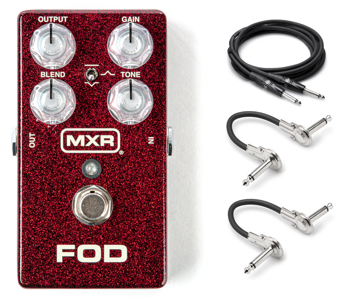 MXR M251 FOD Drive overdrive pedal with guitar and patch cables — red glitter enclosure front view
