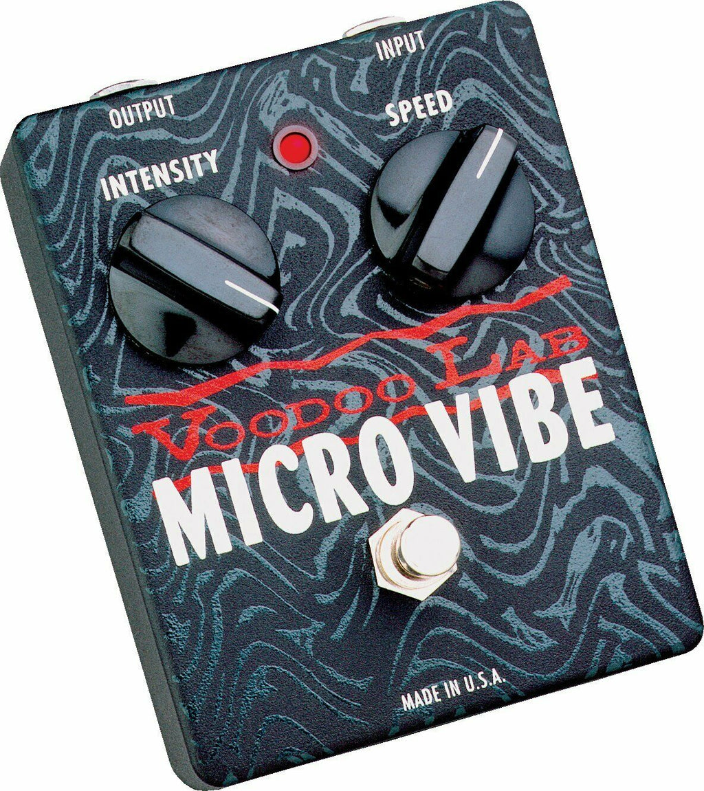 Voodoo Lab Micro Vibe uni-vibe pedal — black and gray swirl enclosure angled view