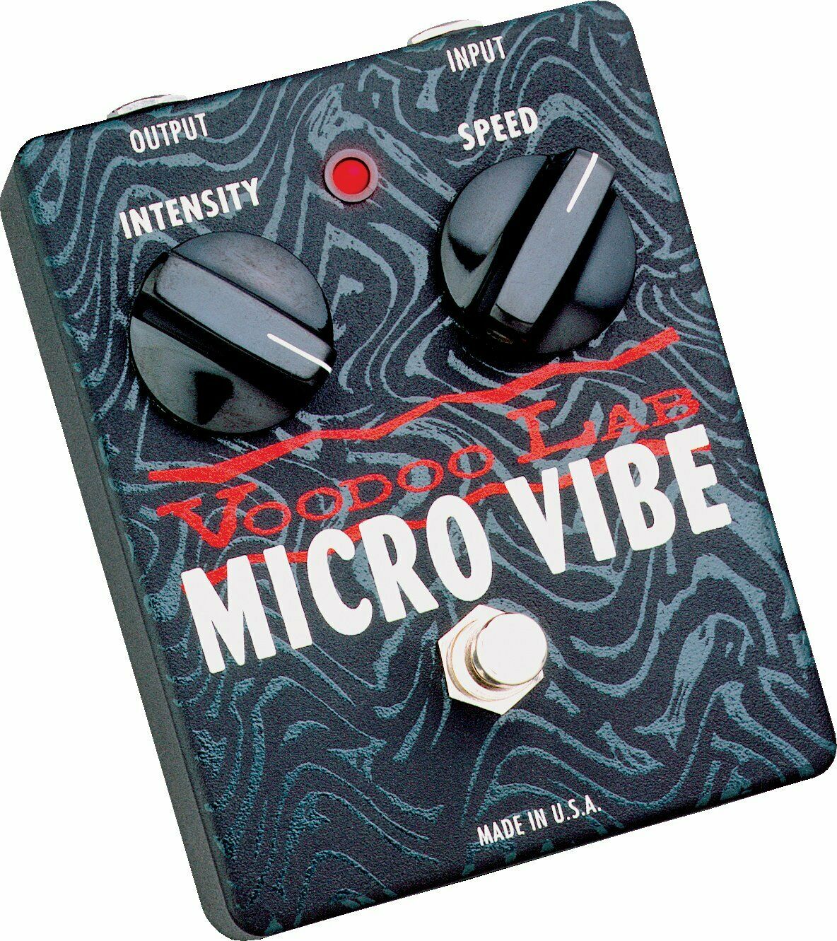 Voodoo Lab Micro Vibe uni-vibe pedal — black and gray swirl enclosure angled view