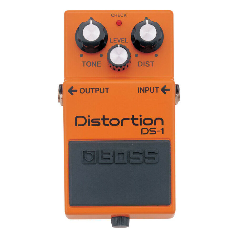 Boss DS-1 Distortion pedal Tone, Level, and Distortion control knobs