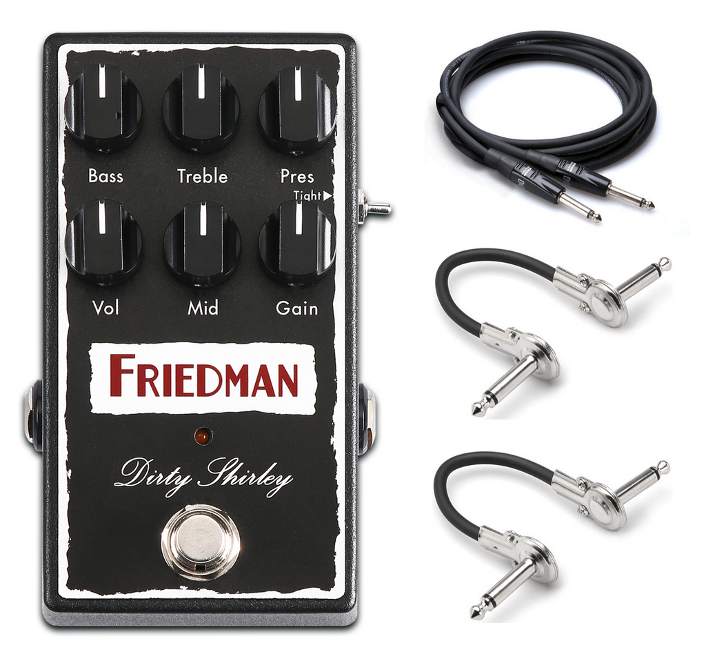 Friedman Dirty Shirley Overdrive Pedal — black enclosure with cables included, front view