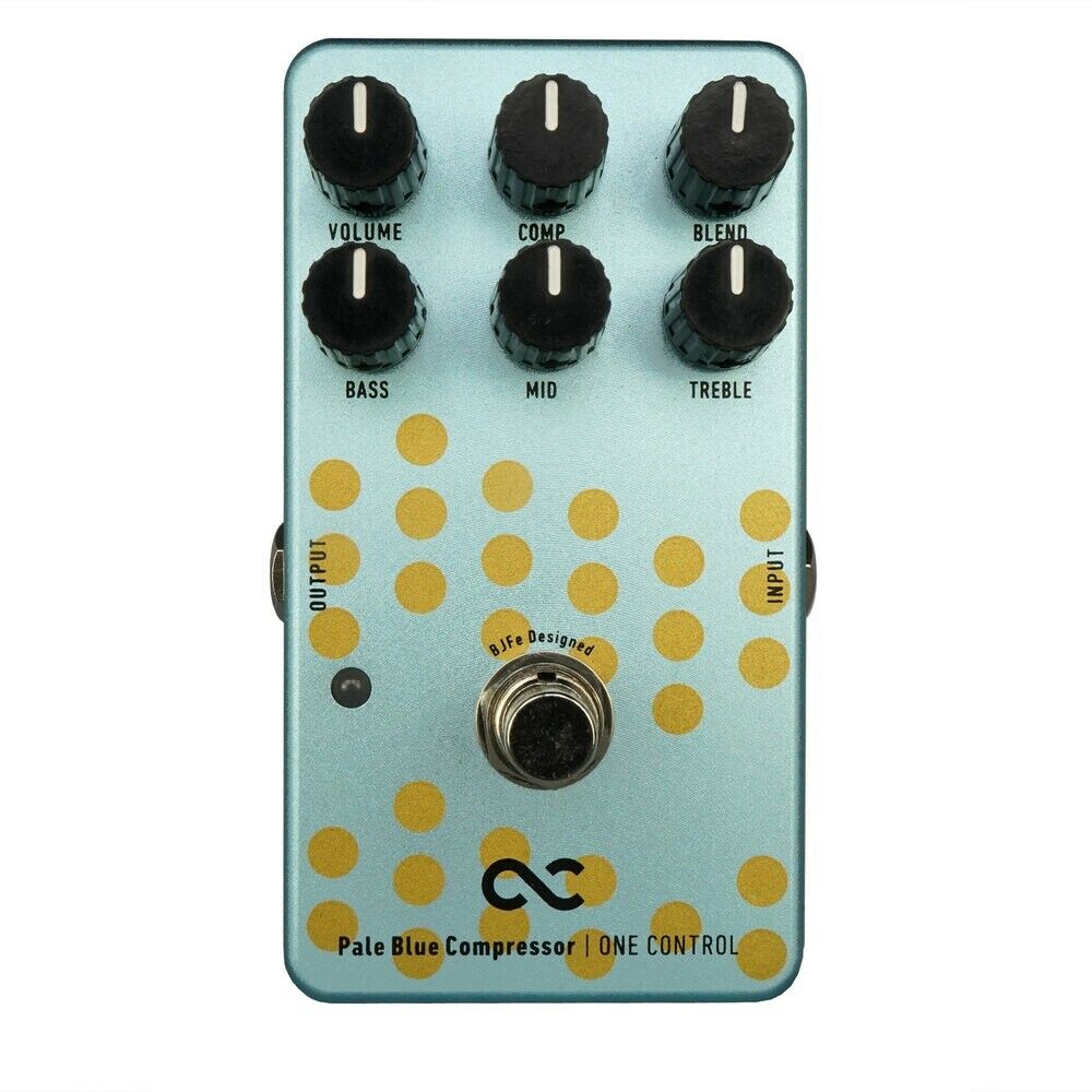 One Control Pale Blue Compressor guitar effects pedal, pale blue enclosure, six knobs including 3-band EQ and blend, BJFe design