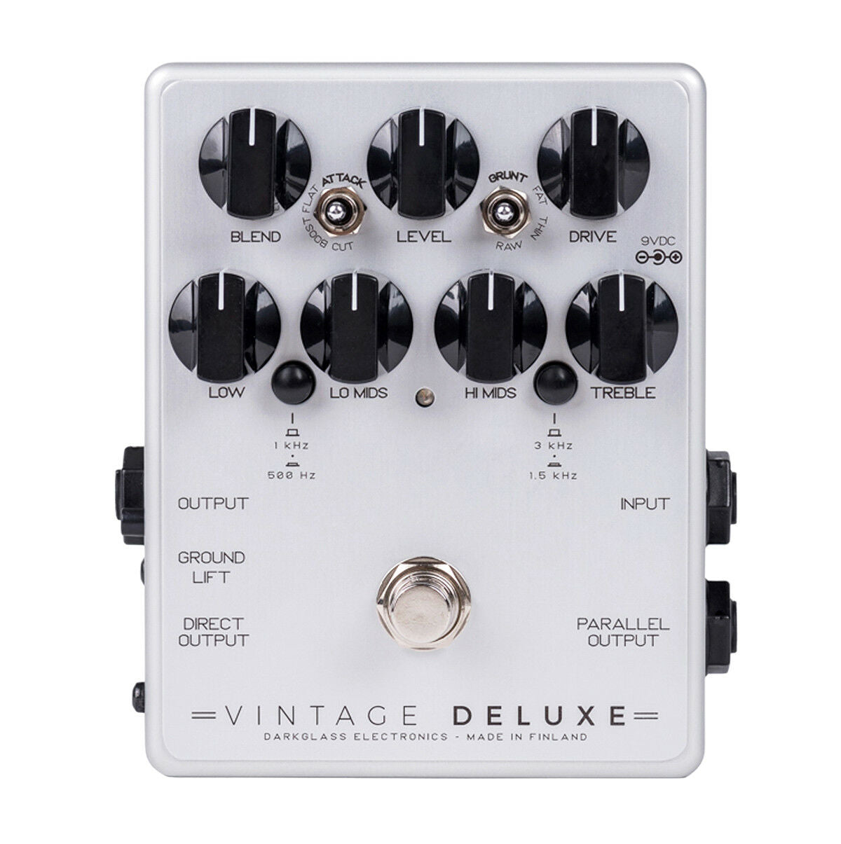 Darkglass Vintage Deluxe V3 bass overdrive pedal - silver enclosure, front view with knobs and switches